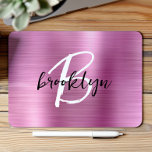Pink Brushed Metal Black White Script Monogram  Mouse Mat<br><div class="desc">This elegant personalised mouse pad features a monogram and first name in modern black and white script on a trendy pink brushed metal background.</div>