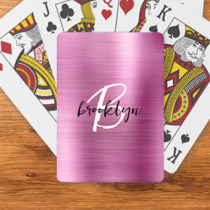 Pink Brushed Metal Black White Script Monogram Playing Cards