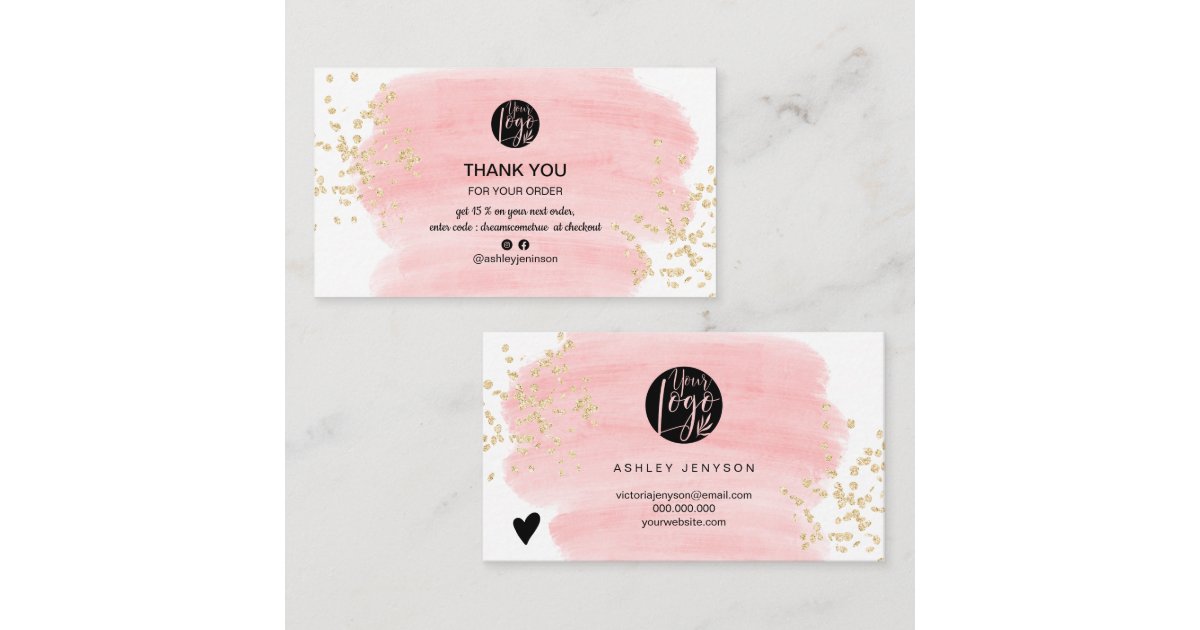Pink brushstroke gold glitter logo order thank you business card | Zazzle