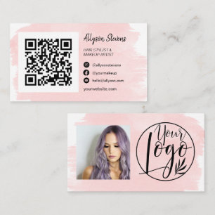 Pink brushstroke hair makeup photo qr code logo business card