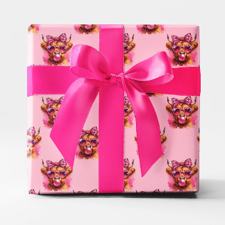 Pink Bubble Gum Highland Cow Wrapping Paper