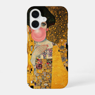 Pink Bubble Gum Lady with Black Cat Gustav Klimt iPhone 16 Case