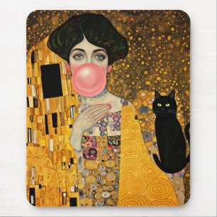 Pink Bubble Gum Lady with Black Cat Gustav Klimt Mouse Mat