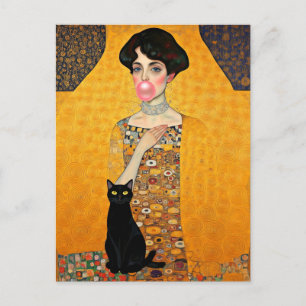 Pink Bubble Gum Lady with Black Cat Gustav Klimt Postcard