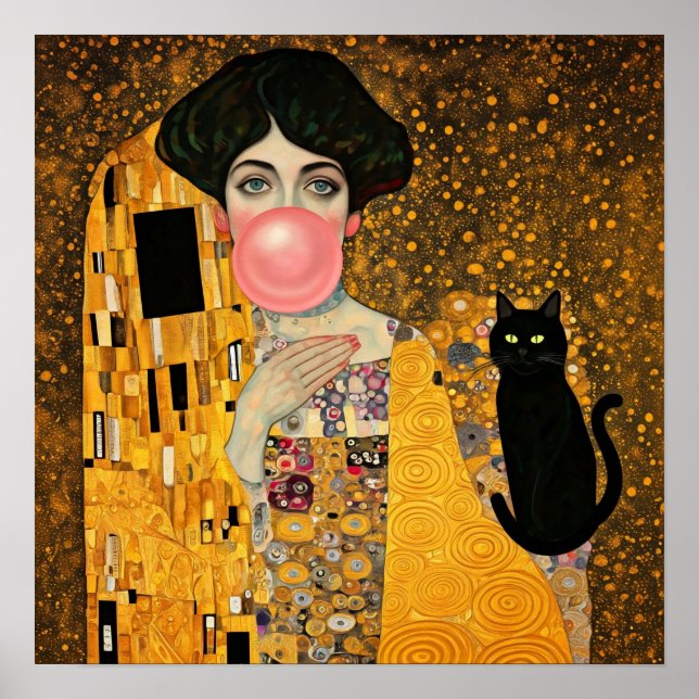 Pink Bubble Gum Lady with Black Cat Gustav Klimt Poster (Front)