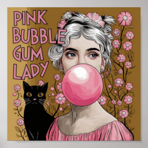 Pink Bubble Gum Lady with Black Cat Gustav Klimt Poster