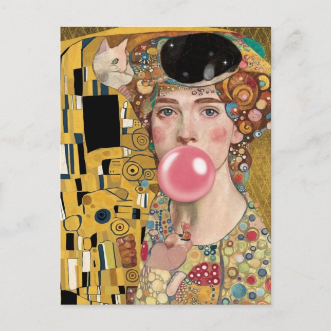 Pink Bubble Gum Lady with Gustav Klimt Cat Art Postcard (Front)