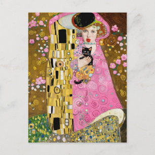 Pink Bubble Gum Lady with Gustav Klimt Cat Art Postcard