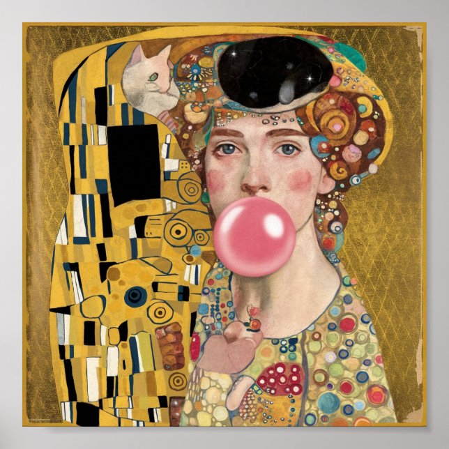 Pink Bubble Gum Lady with Gustav Klimt Cat Art Poster (Front)