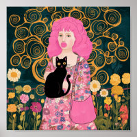Pink Bubble Gum Lady with Gustav Klimt Cat Art