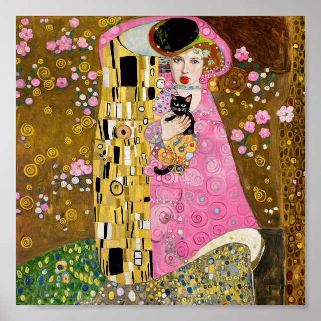 Pink Bubble Gum Lady with Gustav Klimt Cat Art Poster (Front)