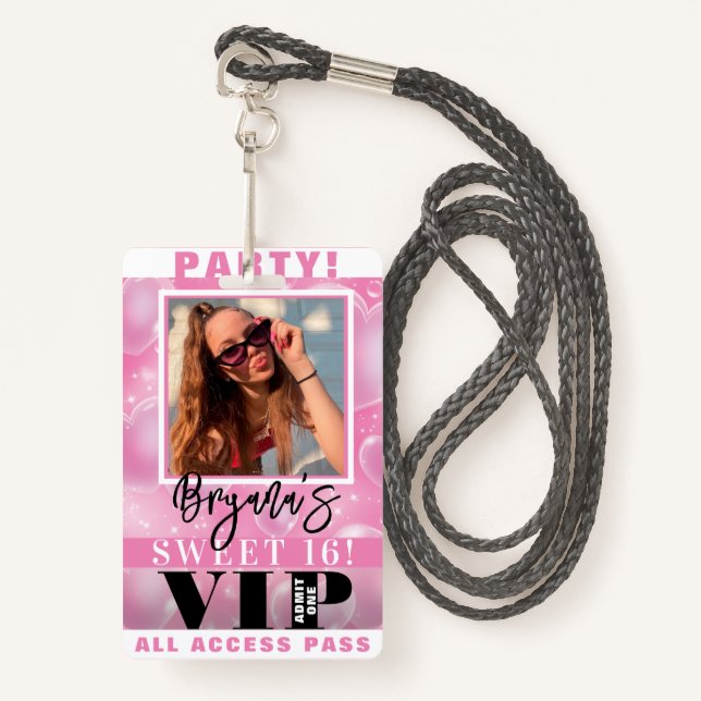 Pink Bubble Hearts Birthday Party VIP Pass Badge ID Badge (Front with Lanyard)
