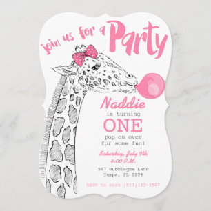 Pink Bubblegum and Giraffe Party Invitation