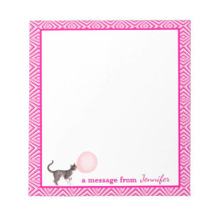 Pink Bubblegum Cat with Geometric Border Message Notepad