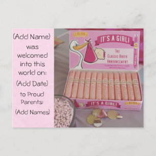 Pink Bubblegum Cigar Baby Girl Announcement Postcard