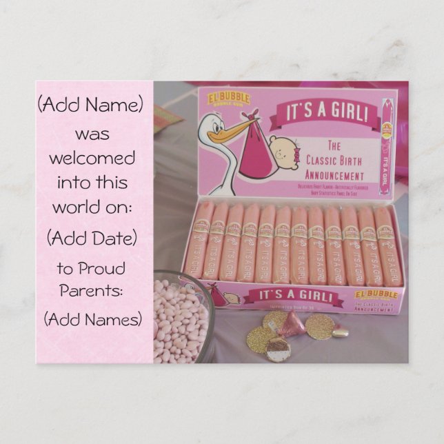 Pink Bubblegum Cigar Baby Girl Announcement Postcard (Front)