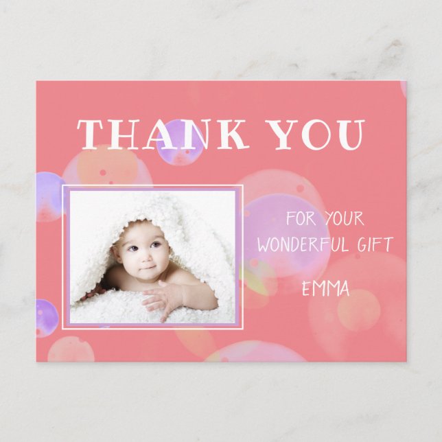Pink Bubbles Birthday Photo Thank you Postcard (Front)