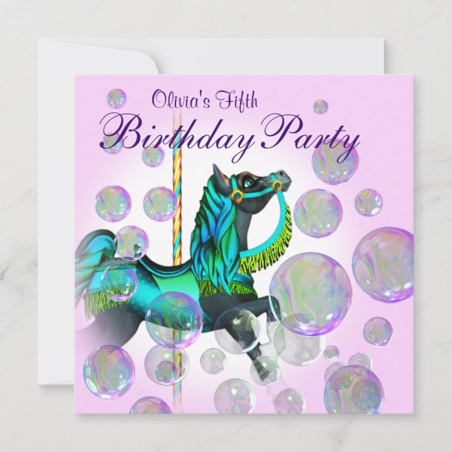 Pink Bubbles Carousel Pony Girls Birthday Party Invitation (Front)