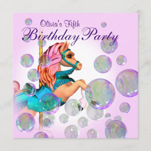 Pink Bubbles Carousel Pony Girls Birthday Party Invitation