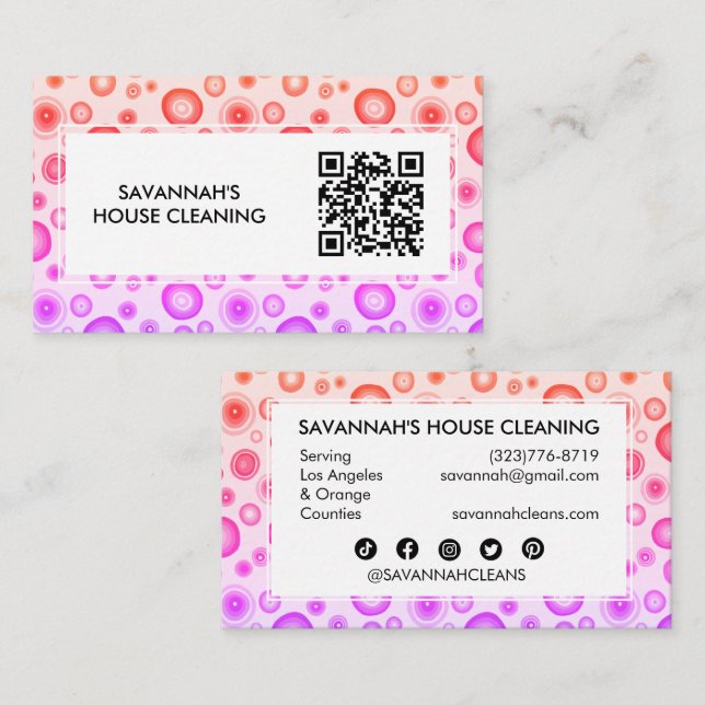 Pink Bubbles Minimal House Cleaning Janitorial QR  Business Card (Front/Back)