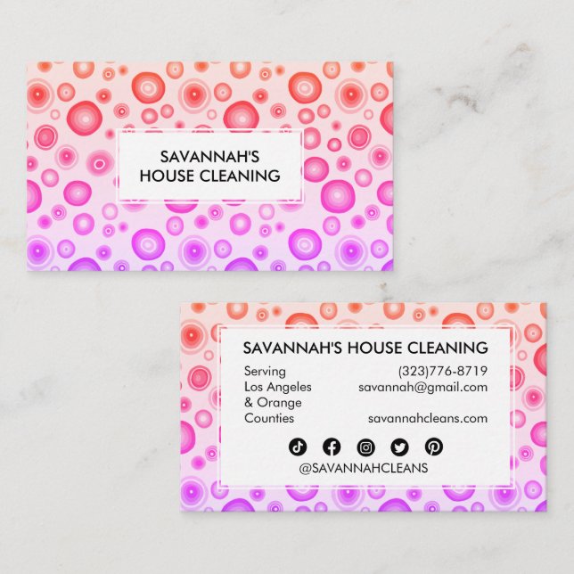 Pink Bubbles Minimalist House Cleaning Janitorial Business Card (Front/Back)