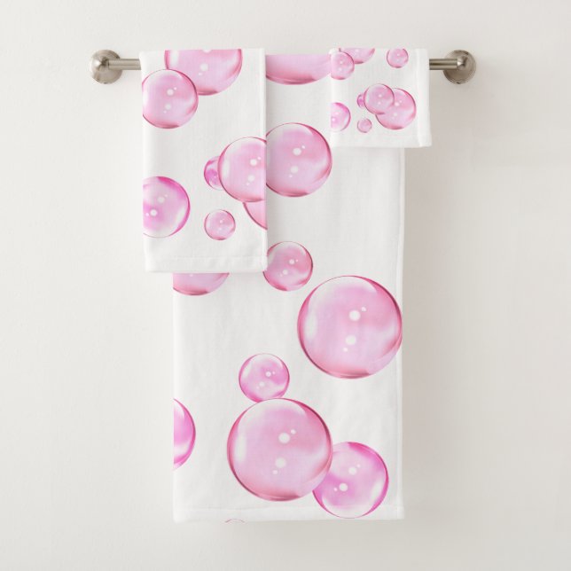 Pink Bubbles on White Bath Towel Set (Insitu)