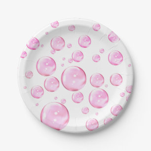 Pink Bubbles White Paper Plate