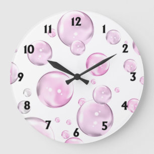 Pink Bubbles with Black Numbers Large Clock