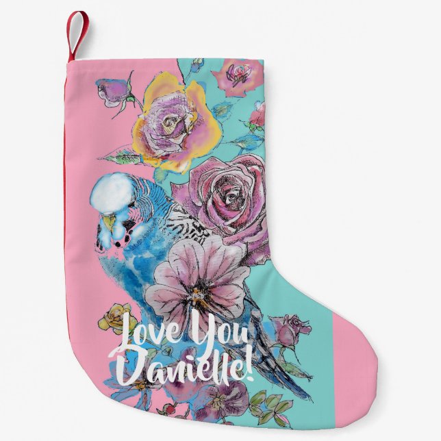 Pink Budgie floral Mint Ladies Christmas Stocking (Front)