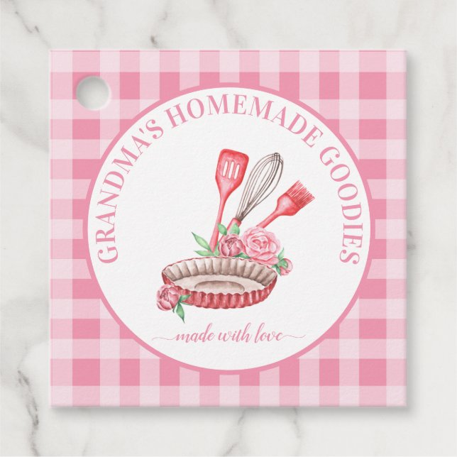 Pink Buffalo Check Kitchen Utensils Pie Plate  Favour Tags (Front)