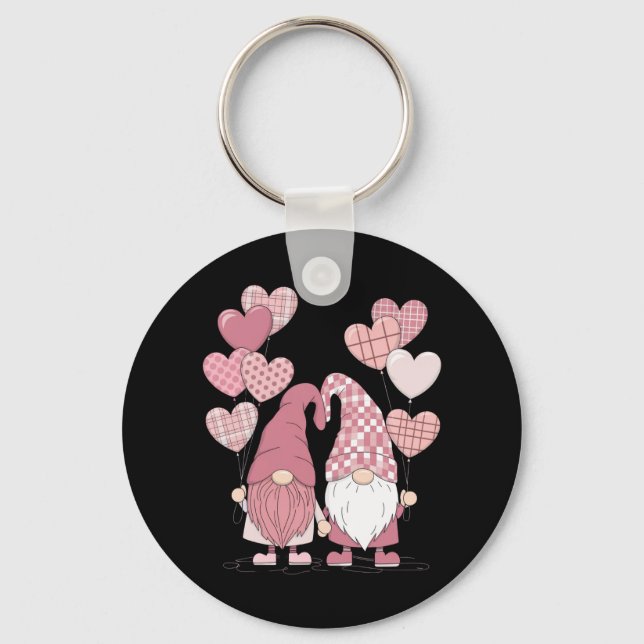 Pink Buffalo Plaid Heart Gnomes Valentine's Day  Key Ring (Front)