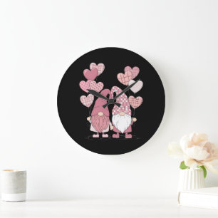 Pink Buffalo Plaid Heart Gnomes Valentine's Day Large Clock