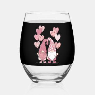 Pink Buffalo Plaid Heart Gnomes Valentine's Day Stemless Wine Glass