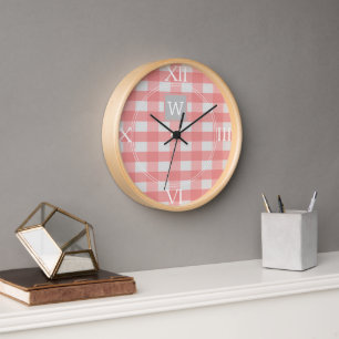 Pink Buffalo Plaid Monogram Clock