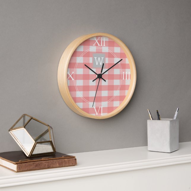 Pink Buffalo Plaid Monogram Clock (Office)