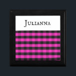 Pink Buffalo Plaid Wooden Jewellery Keepsake Box<br><div class="desc">A bright and elegant keepsake box, for jewellery or other gifts. The lid of this wooden box is decorated with a pink and black buffalo check pattern, and can be personalised with the recipient's name on the white panel. Adding a splash of colour to any dressing table, the box makes...</div>