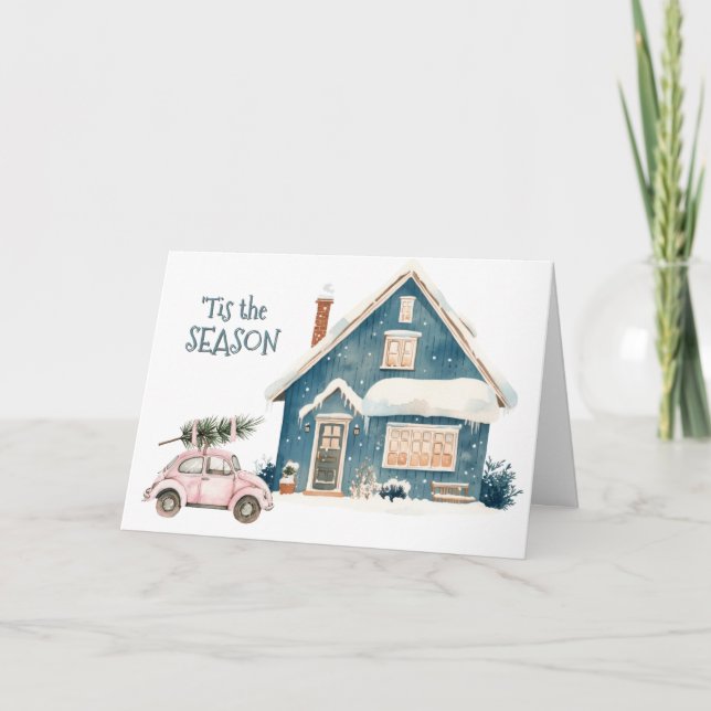 Pink Bug Car Brings the Tree Christmas Holiday Card (Front)