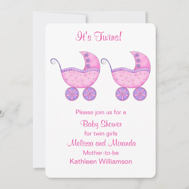 Pink Buggy Carriage Twin Girls Baby Shower Invitation (Front)
