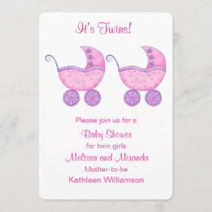 Pink Buggy Carriage Twin Girls Baby Shower Invitation