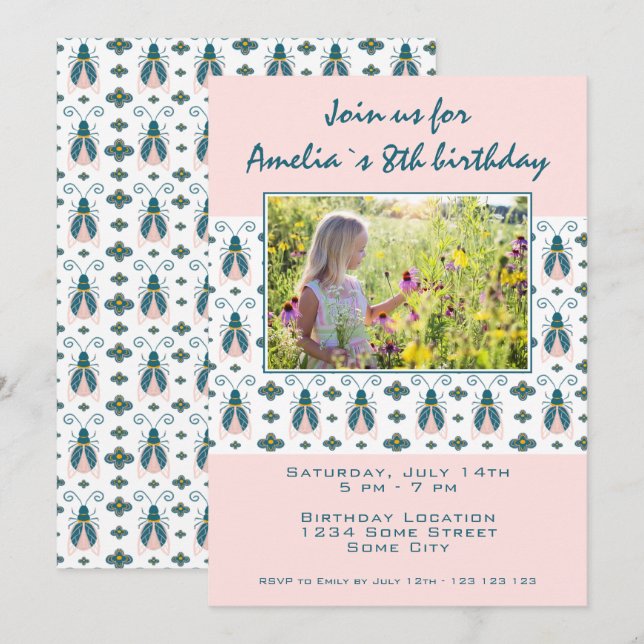 Pink Bugs Flower Pattern Girl Photo Birthday  Invitation (Front/Back)