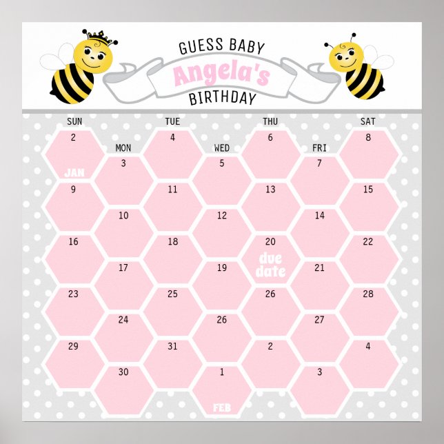 Pink Bumble Bee Baby Birthday Prediction Calendar Poster (Front)