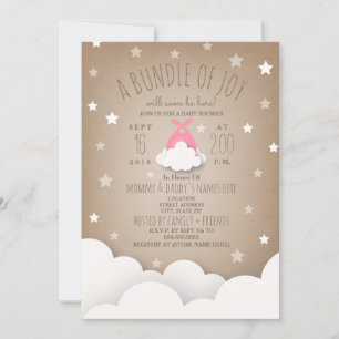 Pink Bundle of Joy Clouds + Stars Baby Shower Invitation
