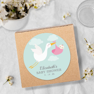 Pink Bundle Stork Girl Baby Shower Classic Round Sticker