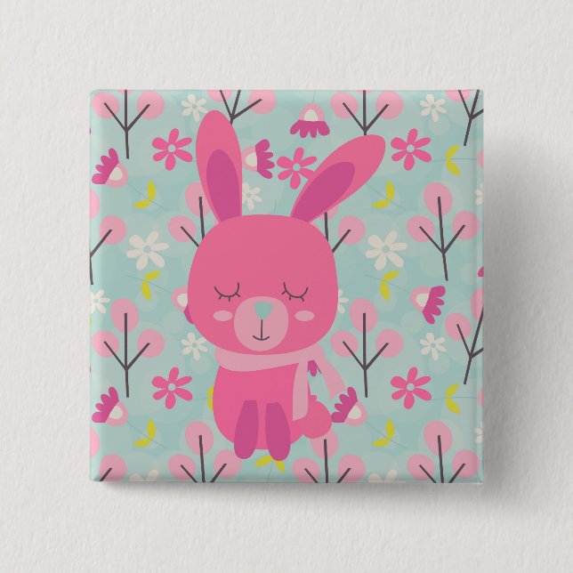 Pink Bunnies and Flowers 15 Cm Square Badge (Front)
