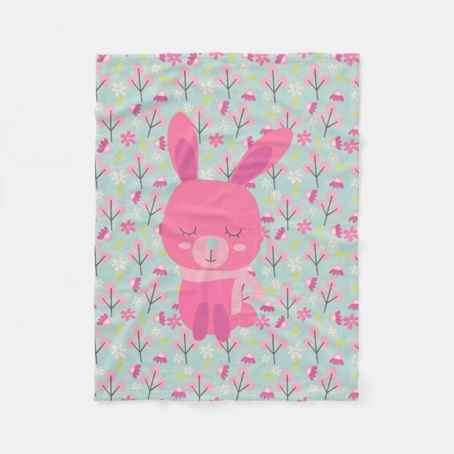 Pink Bunnies and Flowers Fleece Blanket (Front)