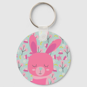 Pink Bunnies and Flowers Key Ring