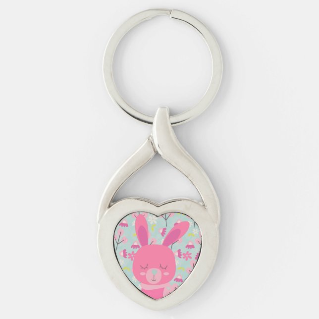 Pink Bunnies and Flowers Key Ring (Front)