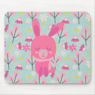 Pink Bunnies and Flowers Mouse Mat