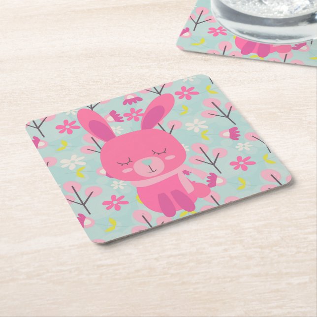 Pink Bunnies and Flowers Square Paper Coaster (Angled)