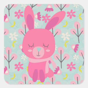 Pink Bunnies and Flowers Square Sticker